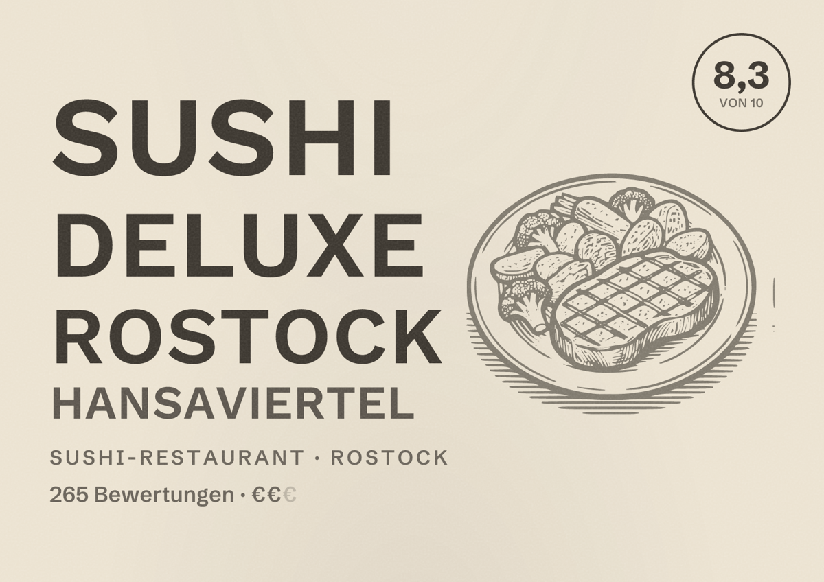 Illustriertes Poster von Sushi Deluxe Rostock Hansaviertel, Sushi-Restaurant in Rostock: Bewertung 8,3 von 10 aus 265 Bewertungen, Preisniveau €€