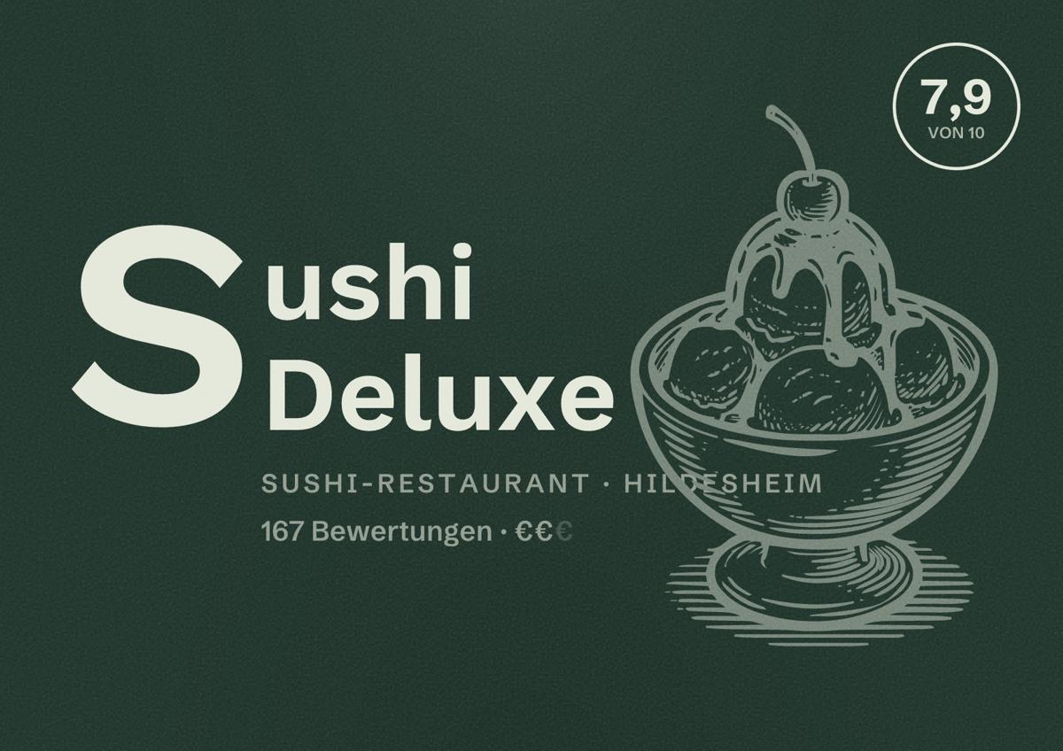 Illustriertes Poster von Sushi Deluxe, Sushi-Restaurant in Hildesheim: Bewertung 7,9 von 10 aus 167 Bewertungen, Preisniveau €€