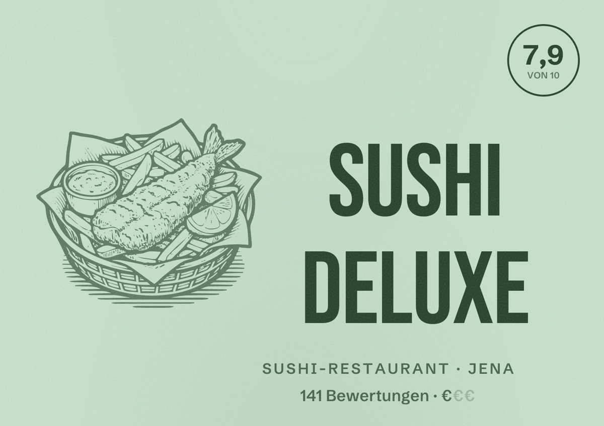 Illustriertes Poster von Sushi Deluxe, Sushi-Restaurant in Jena: Bewertung 7,9 von 10 aus 141 Bewertungen, Preisniveau €