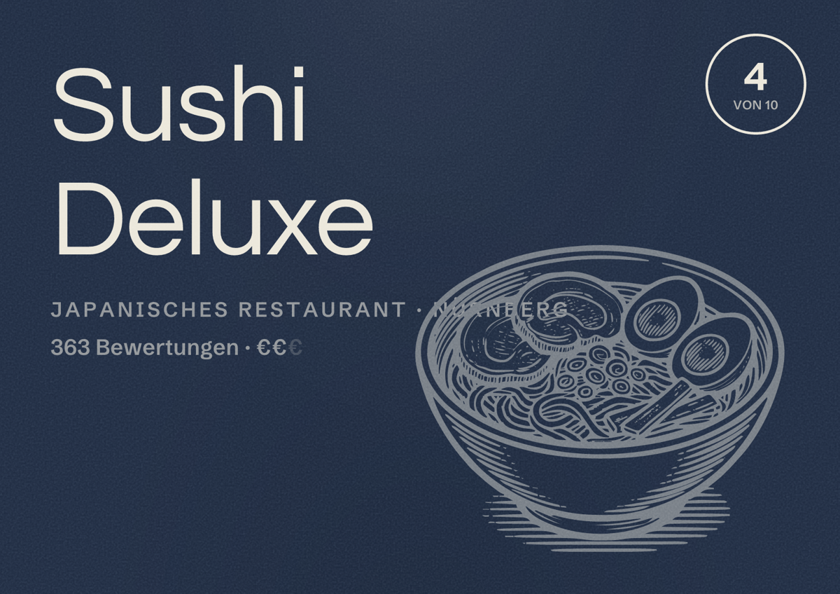Illustriertes Poster von Sushi Deluxe, Japanisches Restaurant in Nürnberg: Bewertung 4,0 von 10 aus 363 Bewertungen, Preisniveau €€