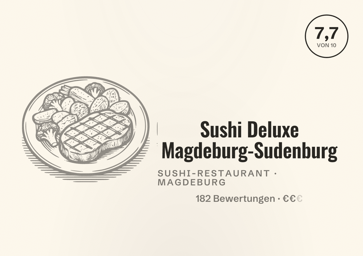 Illustriertes Poster von Sushi Deluxe Magdeburg-Sudenburg, Sushi-Restaurant in Magdeburg: Bewertung 7,7 von 10 aus 182 Bewertungen, Preisniveau €€