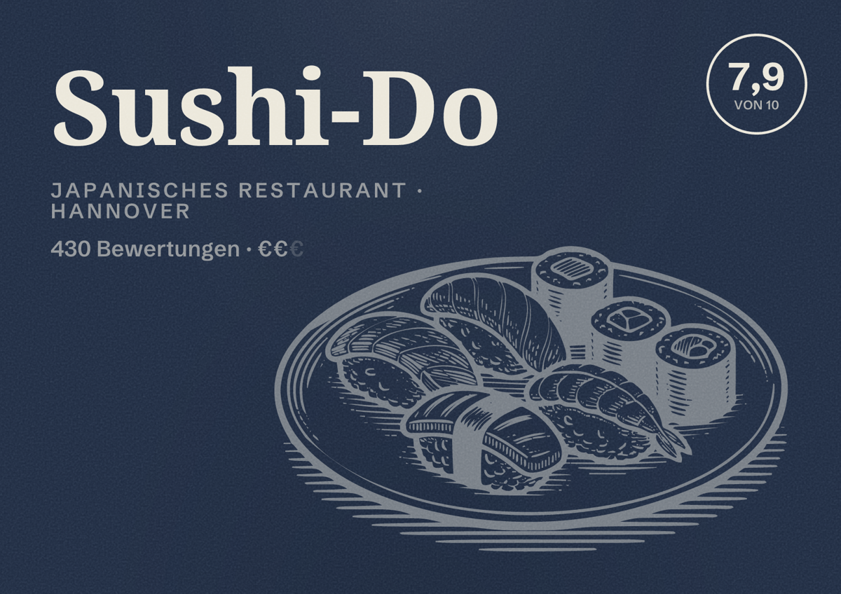 Illustriertes Poster von Sushi-Do, Japanisches Restaurant in Hannover: Bewertung 7,9 von 10 aus 430 Bewertungen, Preisniveau €€