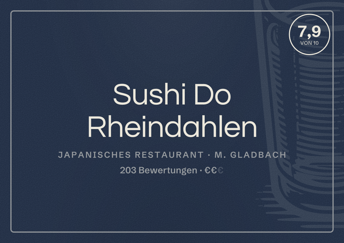 Illustriertes Poster von Sushi Do Rheindahlen, Japanisches Restaurant in M. Gladbach: Bewertung 7,9 von 10 aus 203 Bewertungen, Preisniveau €€
