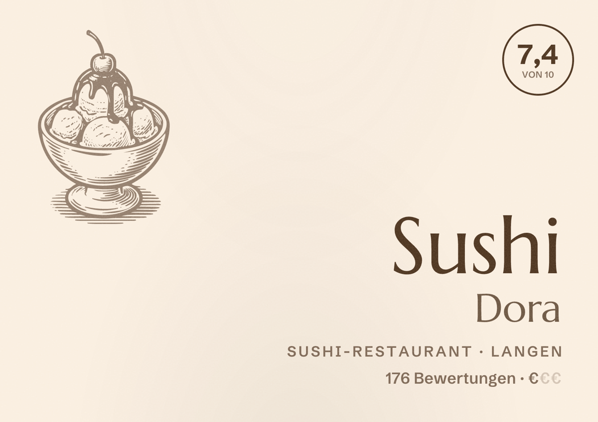 Illustriertes Poster von Sushi Dora, Sushi-Restaurant in Langen: Bewertung 7,4 von 10 aus 176 Bewertungen, Preisniveau €