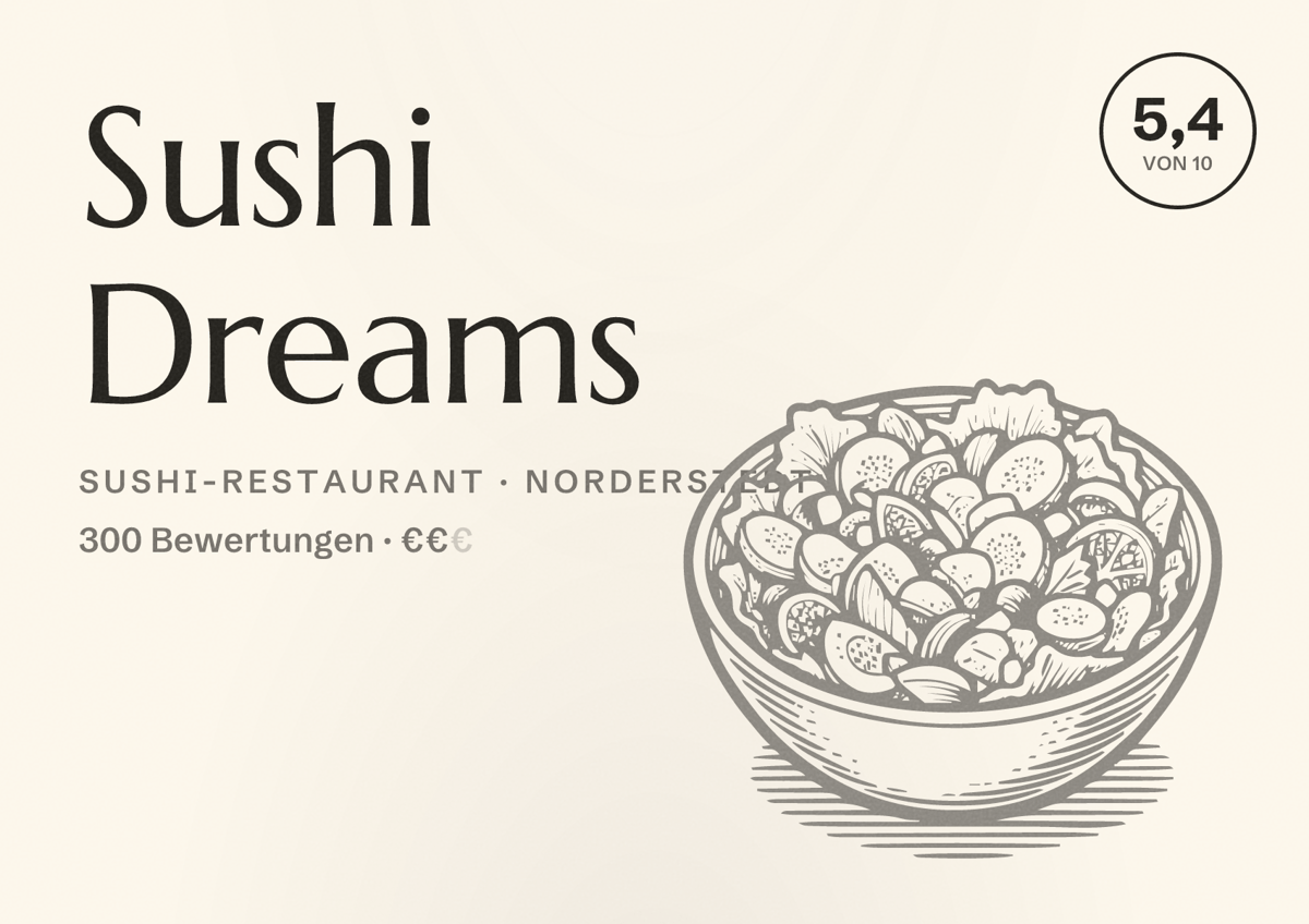 Illustriertes Poster von Sushi Dreams, Sushi-Restaurant in Norderstedt: Bewertung 5,4 von 10 aus 300 Bewertungen, Preisniveau €€