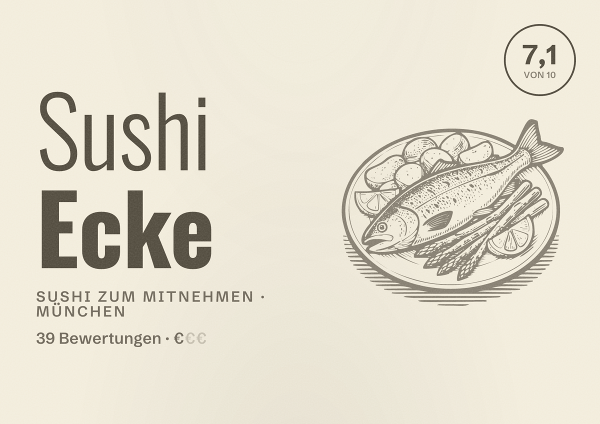 Illustriertes Poster von Sushi Ecke, Sushi zum Mitnehmen in München: Bewertung 7,1 von 10 aus 39 Bewertungen, Preisniveau €