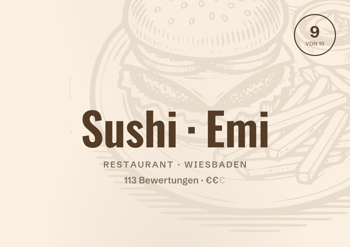 Illustriertes Poster von Sushi Emi, Restaurant in Wiesbaden: Bewertung 9,0 von 10 aus 113 Bewertungen, Preisniveau €€