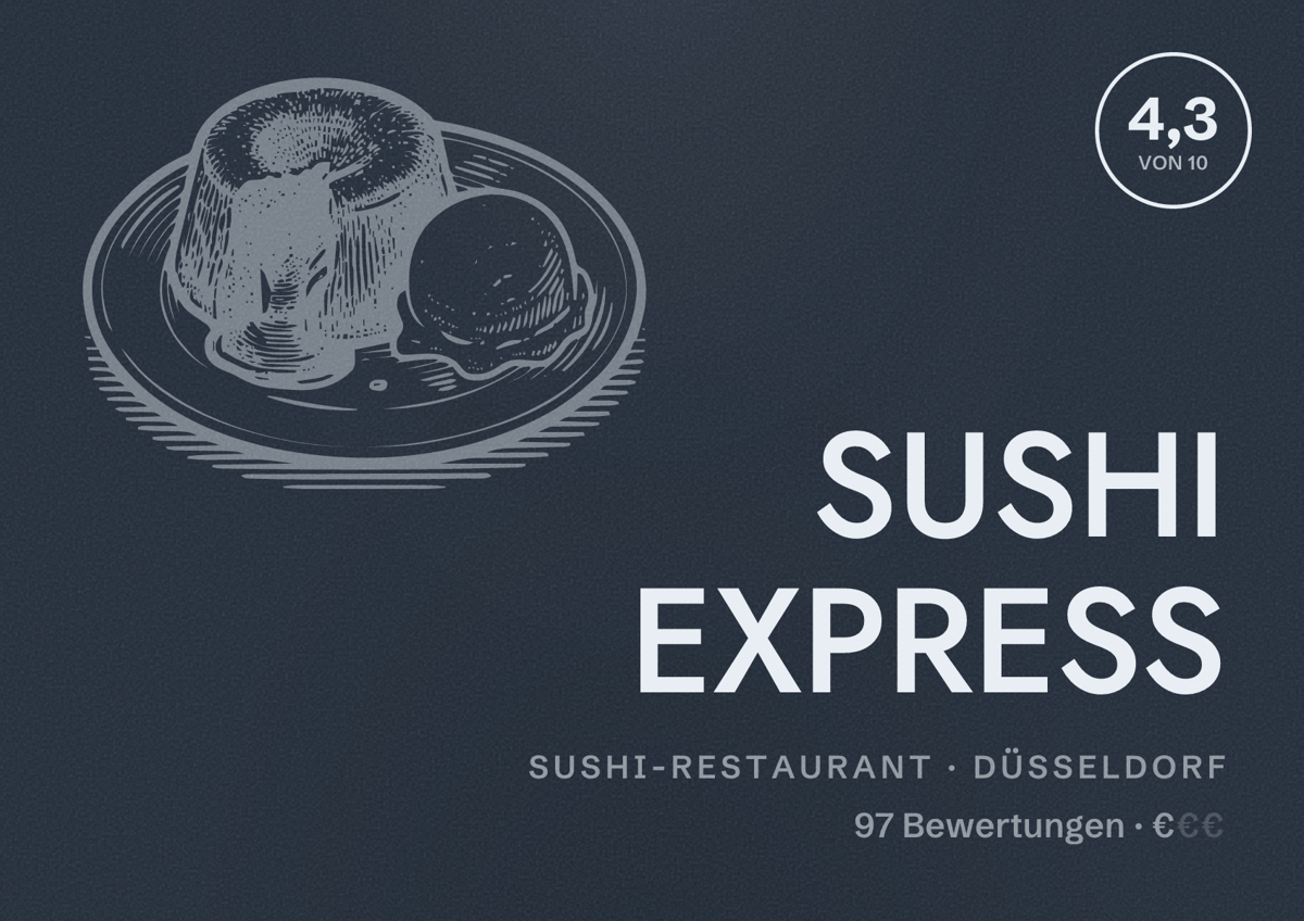 Illustriertes Poster von SUSHI EXPRESS, Sushi-Restaurant in Düsseldorf: Bewertung 4,3 von 10 aus 97 Bewertungen, Preisniveau €