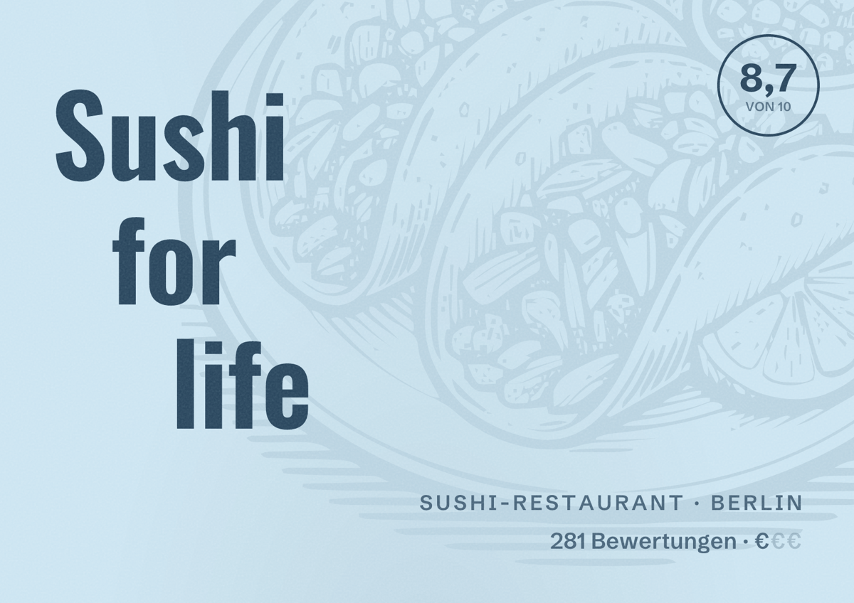 Illustriertes Poster von Sushi for life, Sushi-Restaurant in Berlin: Bewertung 8,7 von 10 aus 281 Bewertungen, Preisniveau €