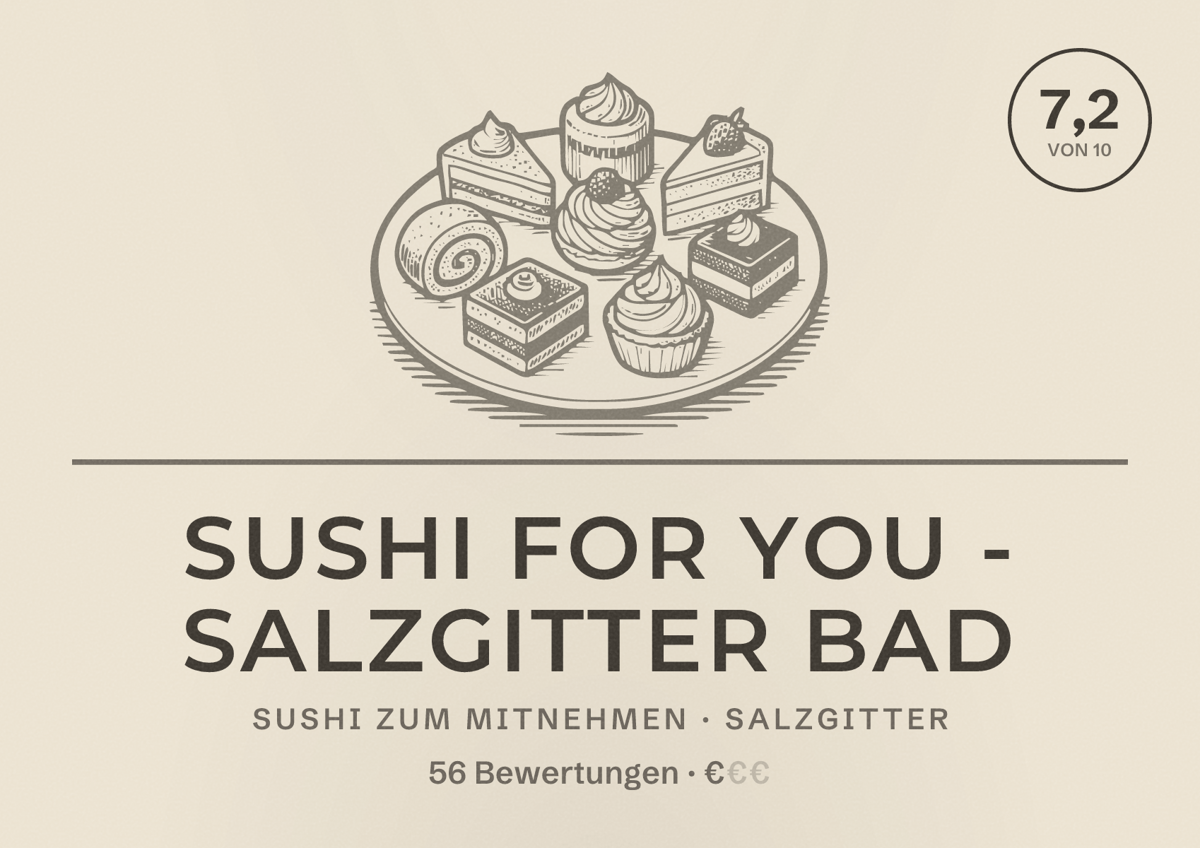 Illustriertes Poster von Sushi For You - Salzgitter Bad, Sushi zum Mitnehmen in Salzgitter: Bewertung 7,2 von 10 aus 56 Bewertungen, Preisniveau €