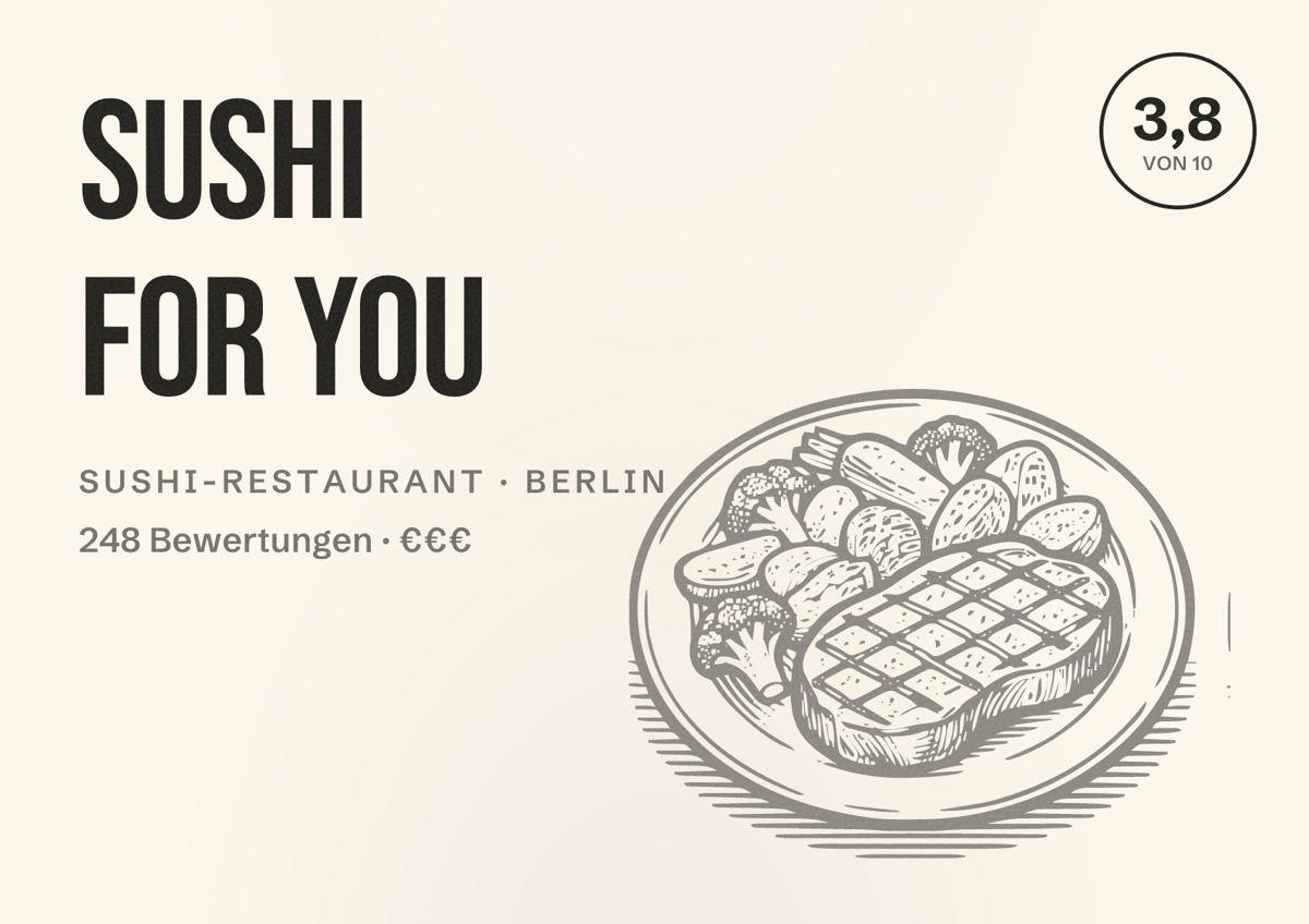 Illustriertes Poster von Sushi For You, Sushi-Restaurant in Berlin: Bewertung 3,8 von 10 aus 248 Bewertungen, Preisniveau €€€