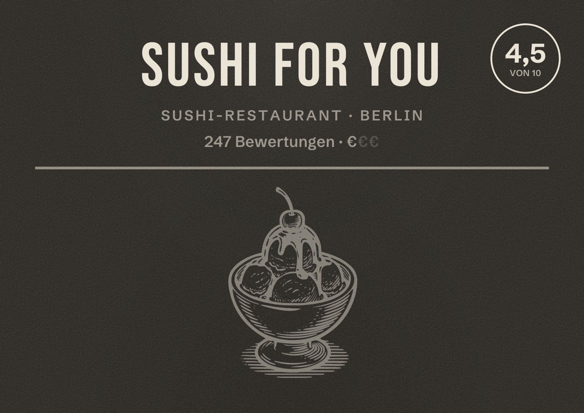 Illustriertes Poster von Sushi For You, Sushi-Restaurant in Berlin: Bewertung 4,5 von 10 aus 247 Bewertungen, Preisniveau €