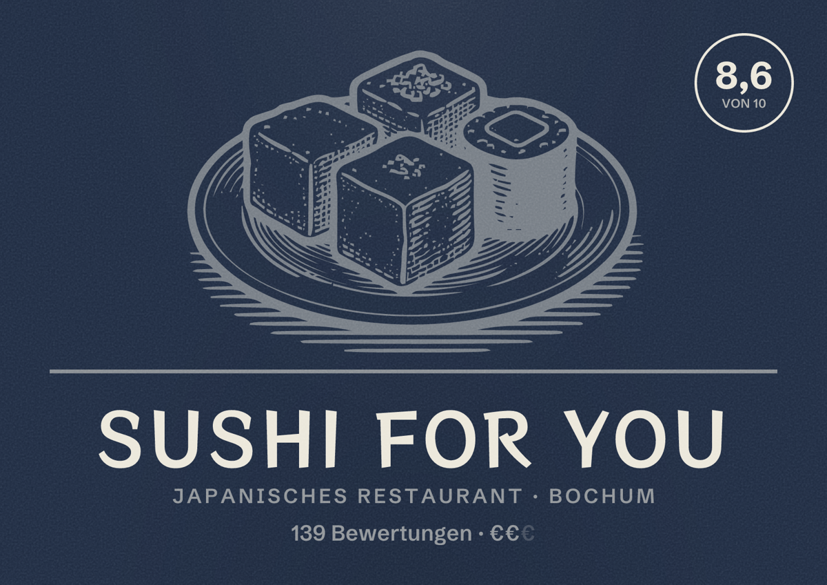 Illustriertes Poster von Sushi for You, Japanisches Restaurant in Bochum: Bewertung 8,6 von 10 aus 139 Bewertungen, Preisniveau €€