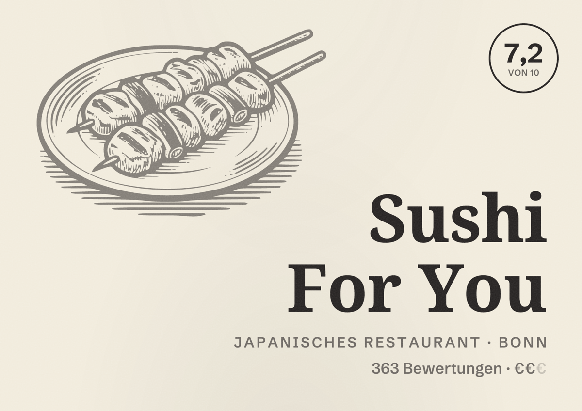 Illustriertes Poster von Sushi For You, Japanisches Restaurant in Bonn: Bewertung 7,2 von 10 aus 363 Bewertungen, Preisniveau €€