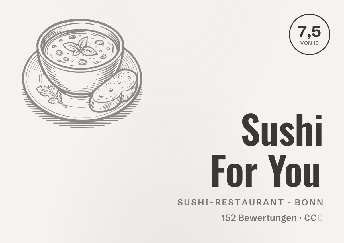 Illustriertes Poster von Sushi For You, Sushi-Restaurant in Bonn: Bewertung 7,5 von 10 aus 152 Bewertungen, Preisniveau €€