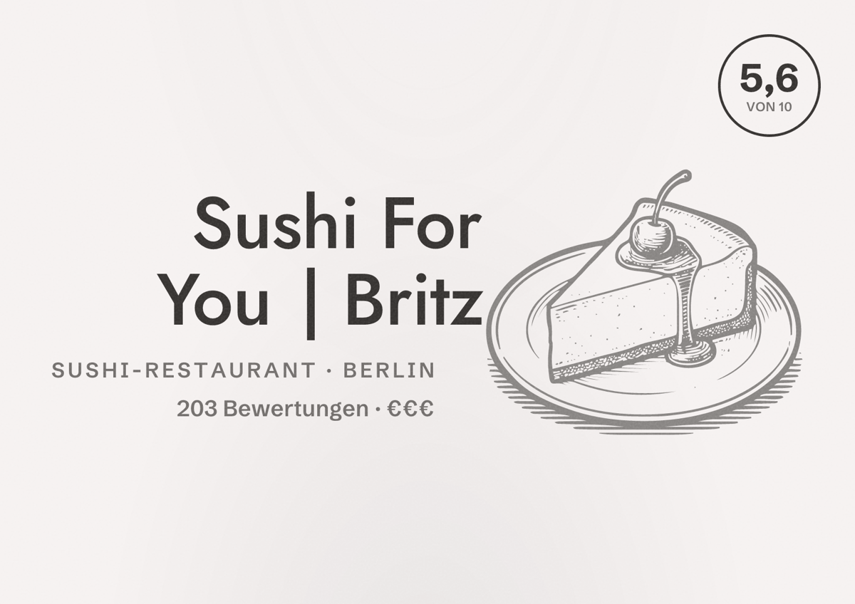 Illustriertes Poster von Sushi For You | Britz, Sushi-Restaurant in Berlin: Bewertung 5,6 von 10 aus 203 Bewertungen, Preisniveau €€€