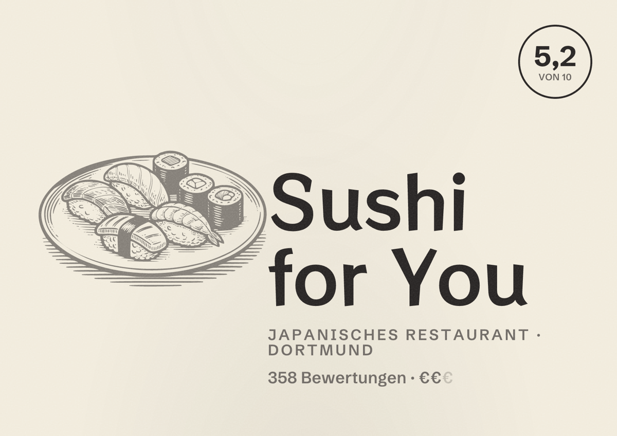 Illustriertes Poster von Sushi for You, Japanisches Restaurant in Dortmund: Bewertung 5,2 von 10 aus 358 Bewertungen, Preisniveau €€