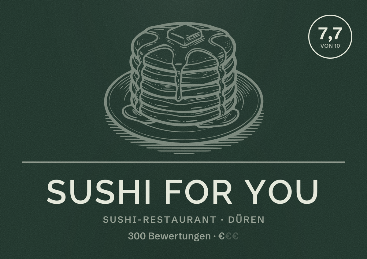 Illustriertes Poster von Sushi For You, Sushi-Restaurant in Düren: Bewertung 7,7 von 10 aus 300 Bewertungen, Preisniveau €