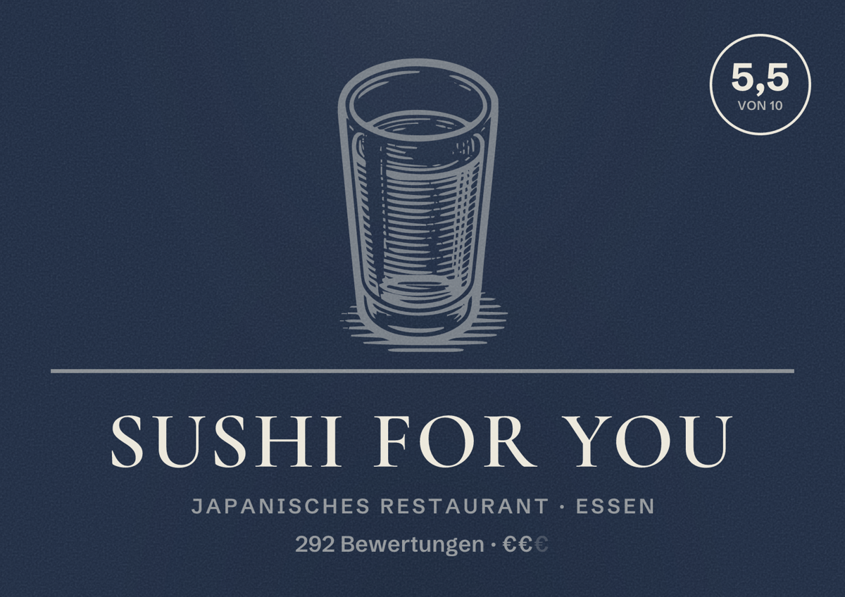 Illustriertes Poster von Sushi For You, Japanisches Restaurant in Essen: Bewertung 5,5 von 10 aus 292 Bewertungen, Preisniveau €€