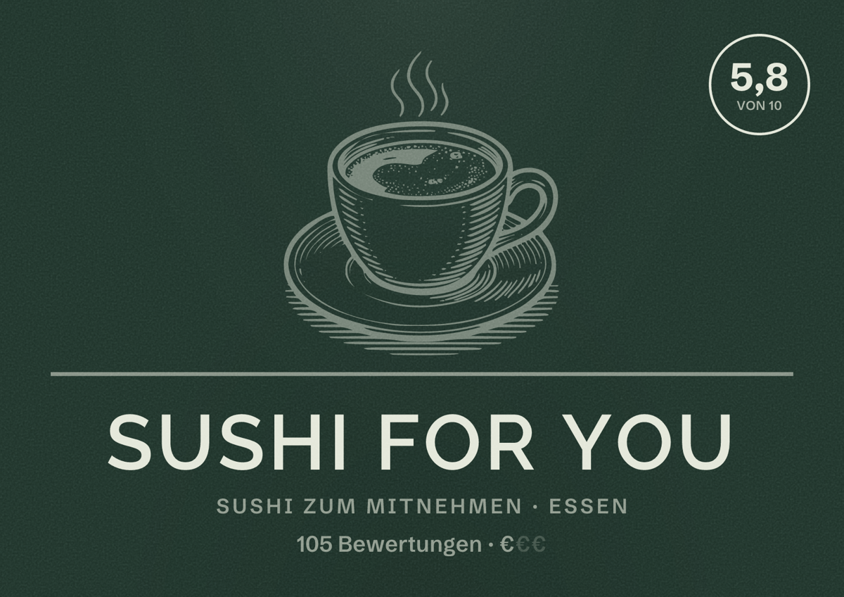 Illustriertes Poster von Sushi For You, Sushi zum Mitnehmen in Essen: Bewertung 5,8 von 10 aus 105 Bewertungen, Preisniveau €