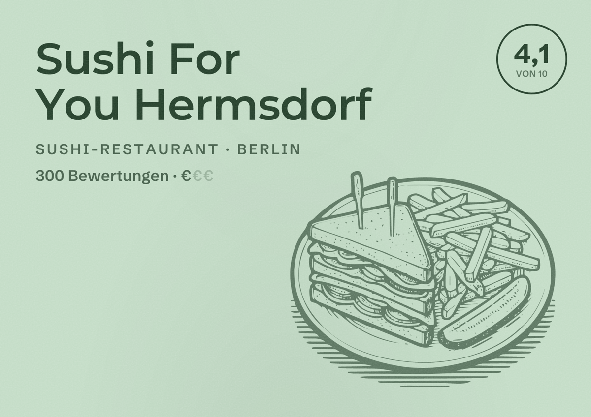 Illustriertes Poster von Sushi For You Hermsdorf, Sushi-Restaurant in Berlin: Bewertung 4,1 von 10 aus 300 Bewertungen, Preisniveau €