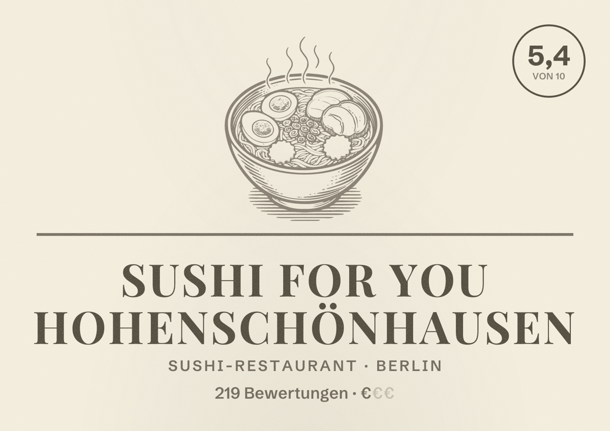 Illustriertes Poster von Sushi For You Hohenschönhausen, Sushi-Restaurant in Berlin: Bewertung 5,4 von 10 aus 219 Bewertungen, Preisniveau €