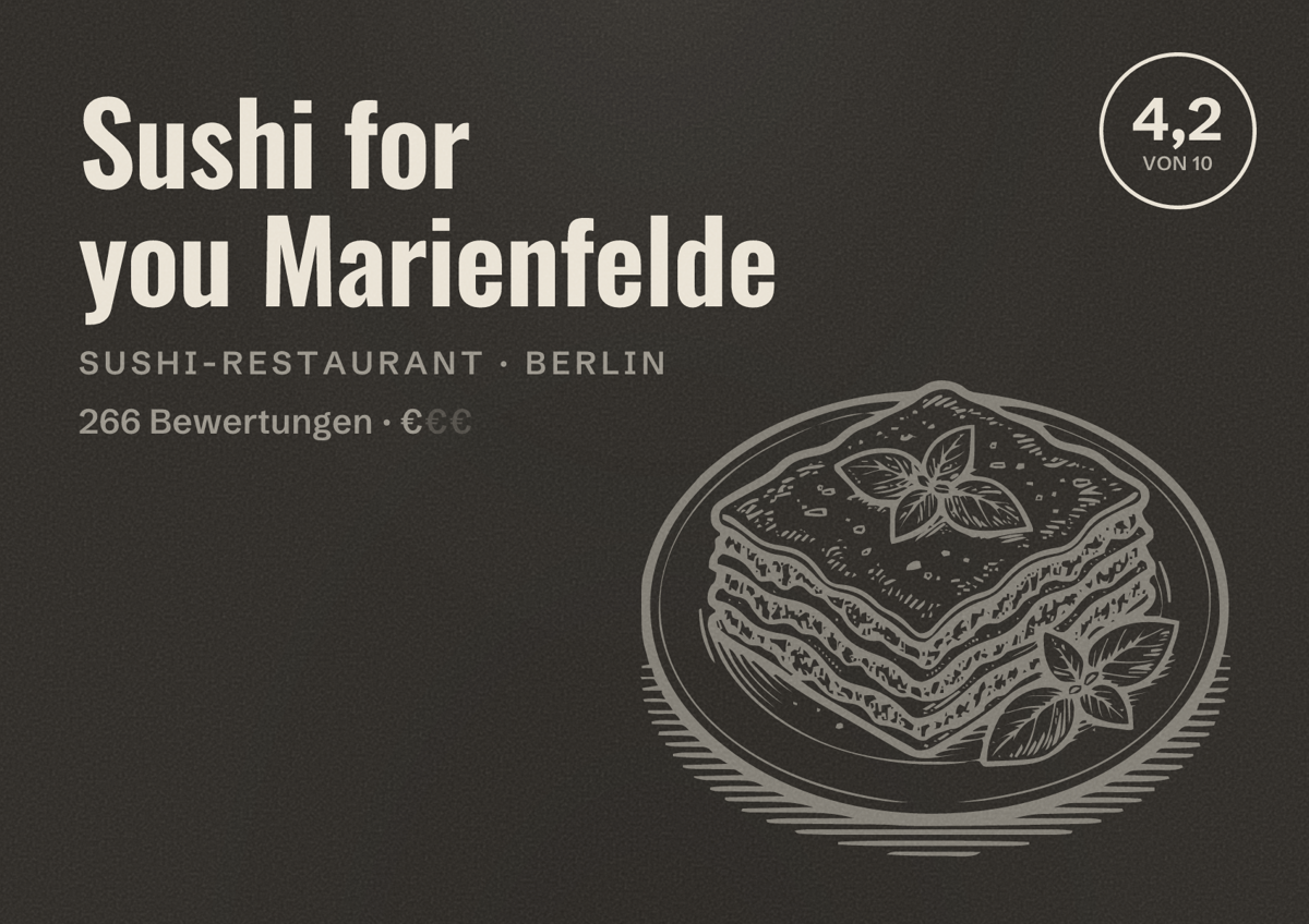Illustriertes Poster von Sushi for you Marienfelde, Sushi-Restaurant in Berlin: Bewertung 4,2 von 10 aus 266 Bewertungen, Preisniveau €