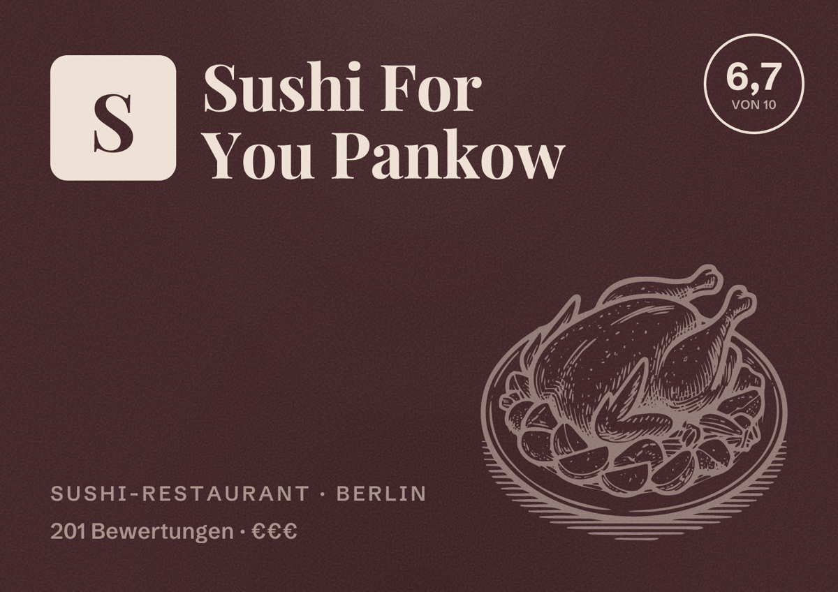 Illustriertes Poster von Sushi For You Pankow, Sushi-Restaurant in Berlin: Bewertung 6,7 von 10 aus 201 Bewertungen, Preisniveau €€€