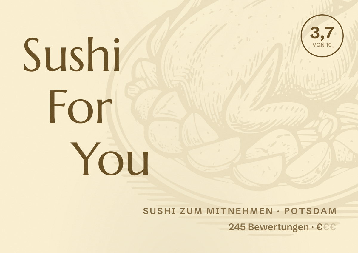 Illustriertes Poster von Sushi For You, Sushi zum Mitnehmen in Potsdam: Bewertung 3,7 von 10 aus 245 Bewertungen, Preisniveau €