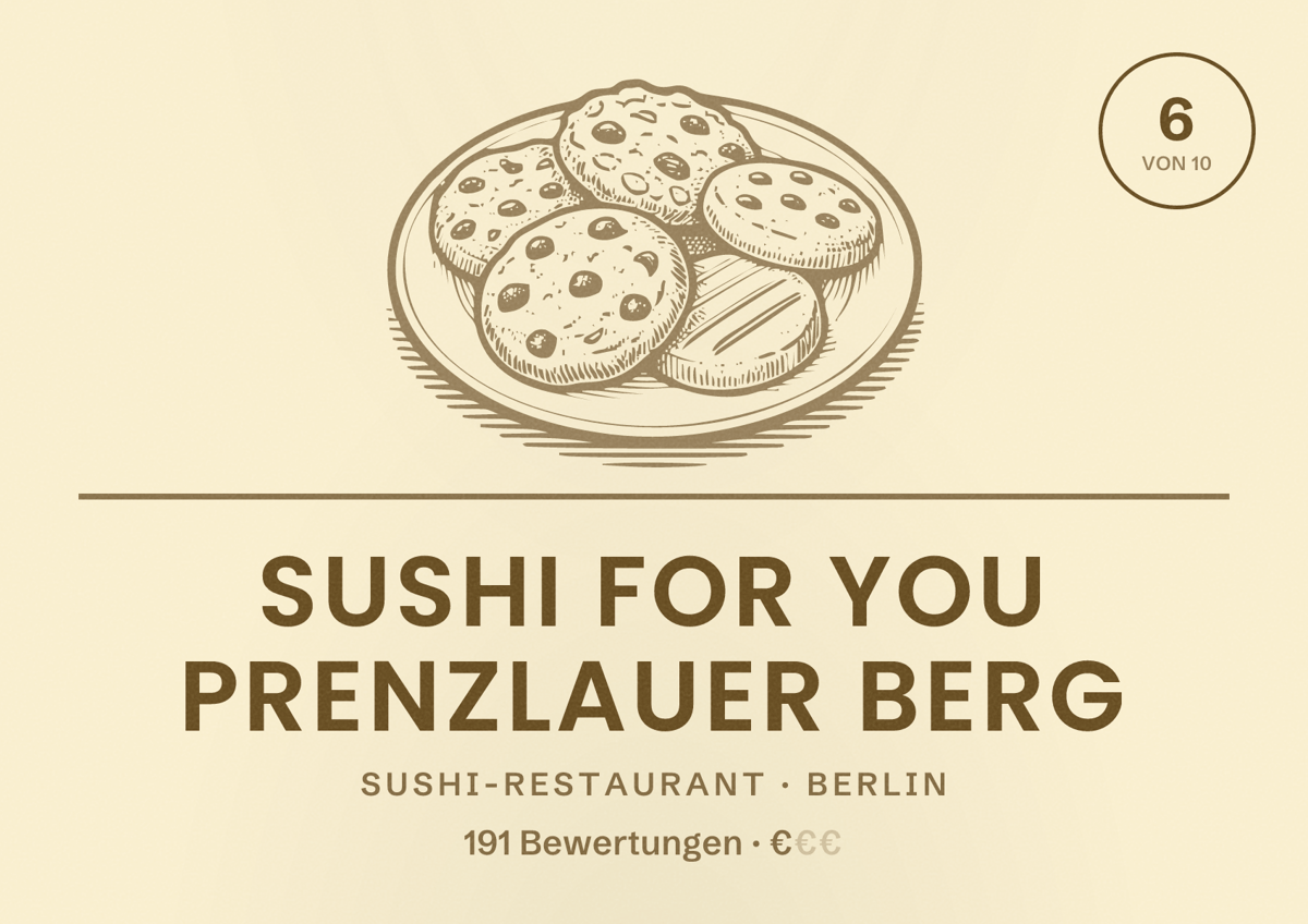 Illustriertes Poster von Sushi For You Prenzlauer Berg, Sushi-Restaurant in Berlin: Bewertung 6,0 von 10 aus 191 Bewertungen, Preisniveau €