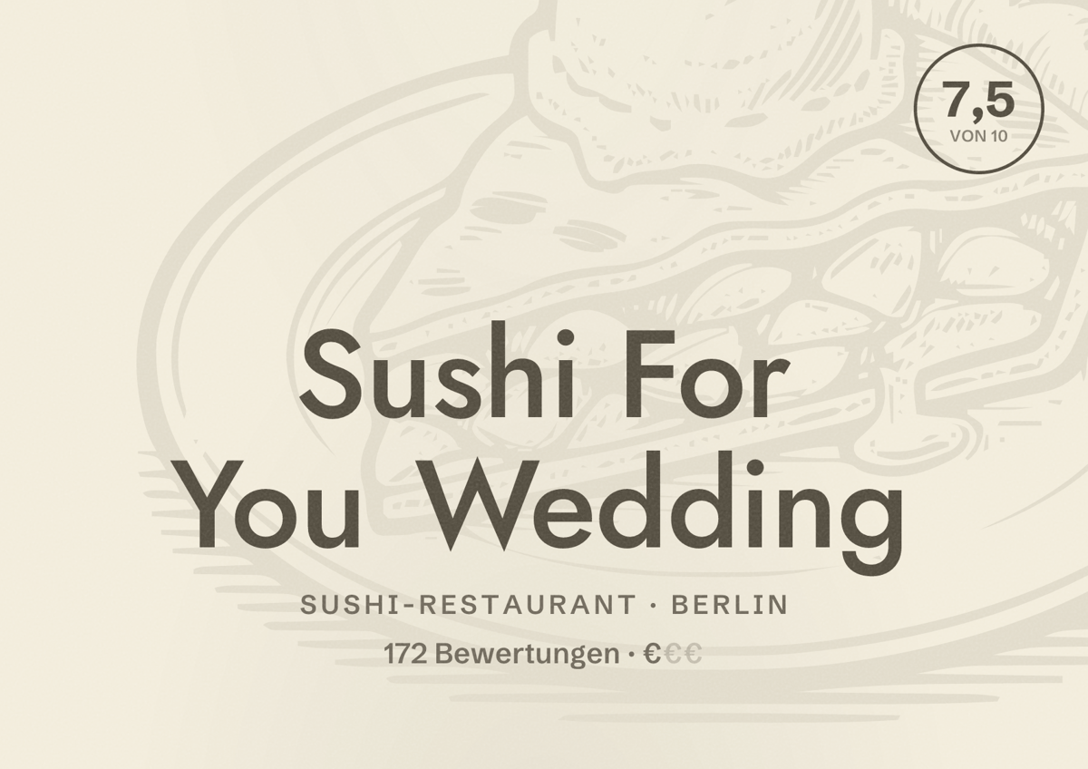 Illustriertes Poster von Sushi For You Wedding, Sushi-Restaurant in Berlin: Bewertung 7,5 von 10 aus 172 Bewertungen, Preisniveau €