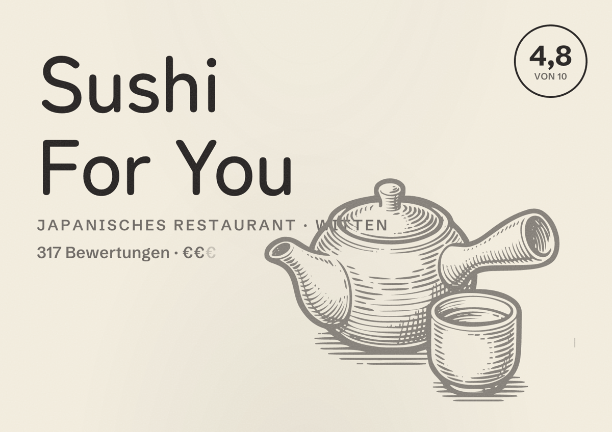 Illustriertes Poster von Sushi For You, Japanisches Restaurant in Witten: Bewertung 4,8 von 10 aus 317 Bewertungen, Preisniveau €€