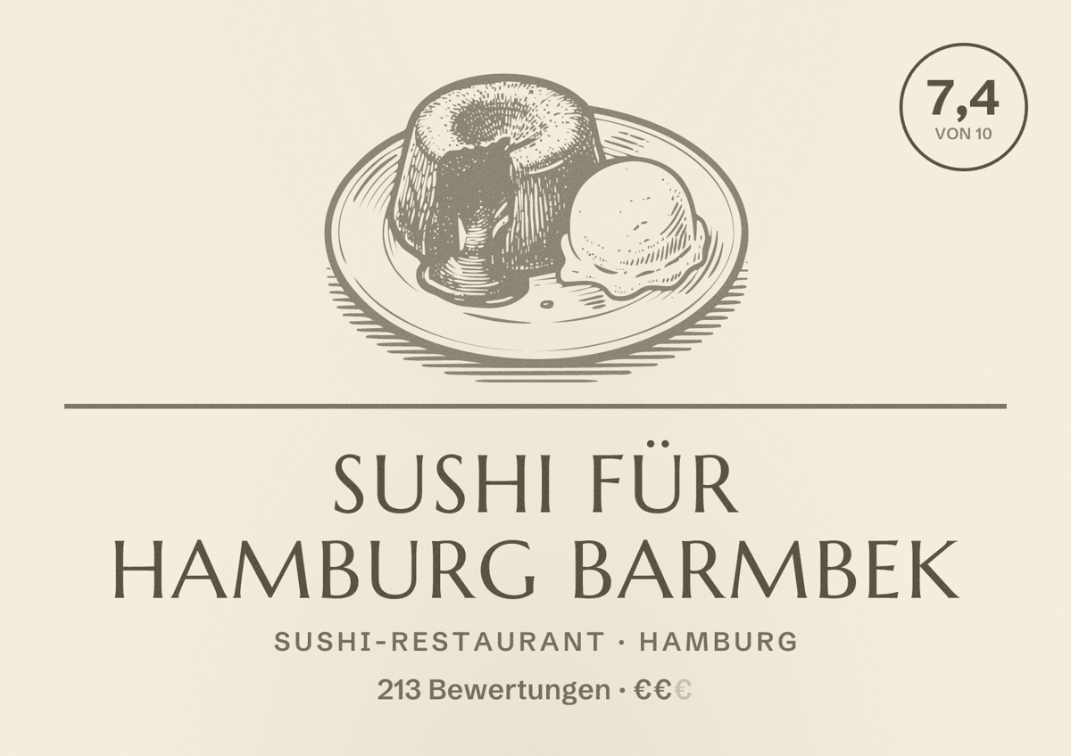 Illustriertes Poster von Sushi für Hamburg Barmbek, Sushi-Restaurant in Hamburg: Bewertung 7,4 von 10 aus 213 Bewertungen, Preisniveau €€