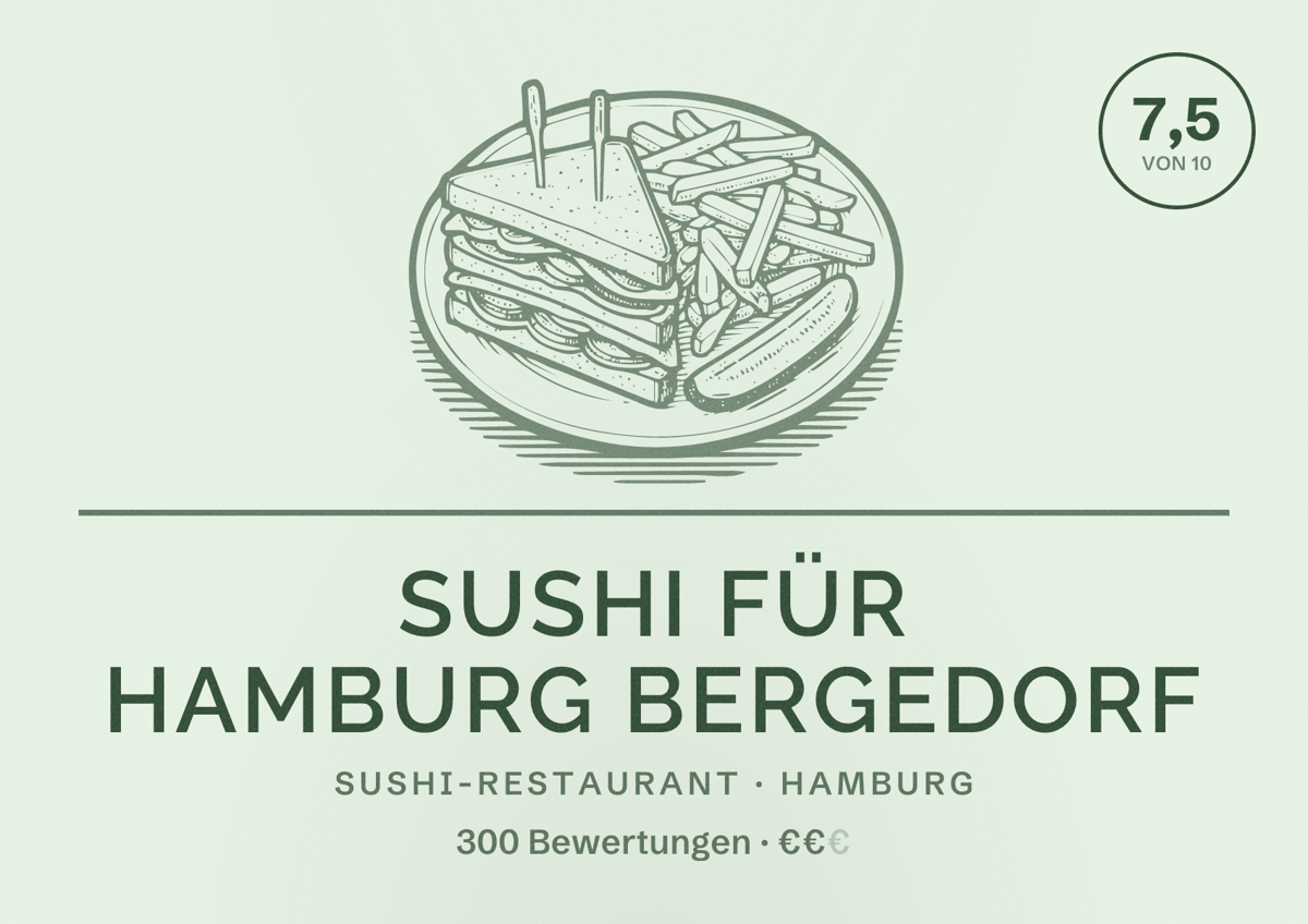 Illustriertes Poster von Sushi für Hamburg Bergedorf, Sushi-Restaurant in Hamburg: Bewertung 7,5 von 10 aus 300 Bewertungen, Preisniveau €€