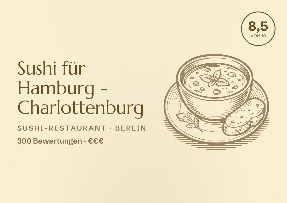 Illustriertes Poster von Sushi für Hamburg - Charlottenburg, Sushi-Restaurant in Berlin: Bewertung 8,5 von 10 aus 300 Bewertungen, Preisniveau €€€