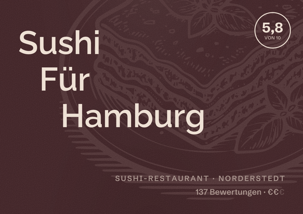 Illustriertes Poster von Sushi Für Hamburg, Sushi-Restaurant in Norderstedt: Bewertung 5,8 von 10 aus 137 Bewertungen, Preisniveau €€