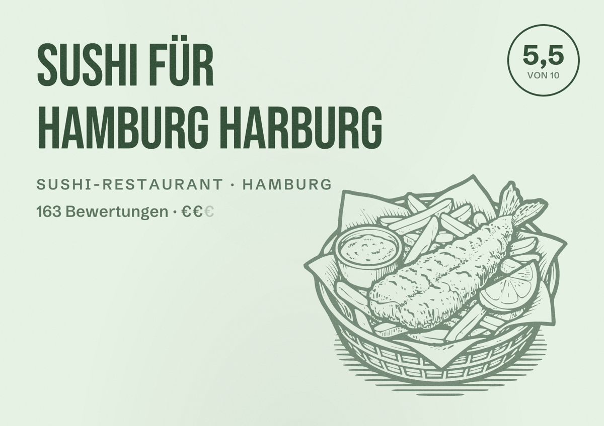 Illustriertes Poster von Sushi Für Hamburg Harburg, Sushi-Restaurant in Hamburg: Bewertung 5,5 von 10 aus 163 Bewertungen, Preisniveau €€