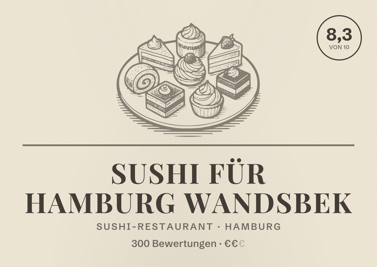 Illustriertes Poster von Sushi für Hamburg Wandsbek, Sushi-Restaurant in Hamburg: Bewertung 8,3 von 10 aus 300 Bewertungen, Preisniveau €€