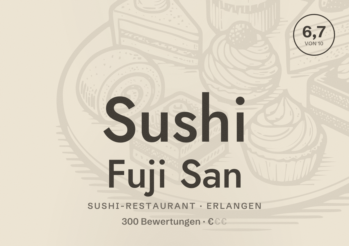 Illustriertes Poster von Sushi Fuji San, Sushi-Restaurant in Erlangen: Bewertung 6,7 von 10 aus 300 Bewertungen, Preisniveau €