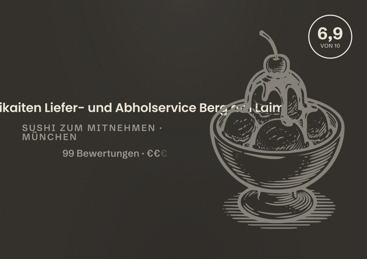 Illustriertes Poster von Sushi Fujikaiten Liefer- und Abholservice Berg am Laim, Sushi zum Mitnehmen in München: Bewertung 6,9 von 10 aus 99 Bewertungen, Preisniveau €€
