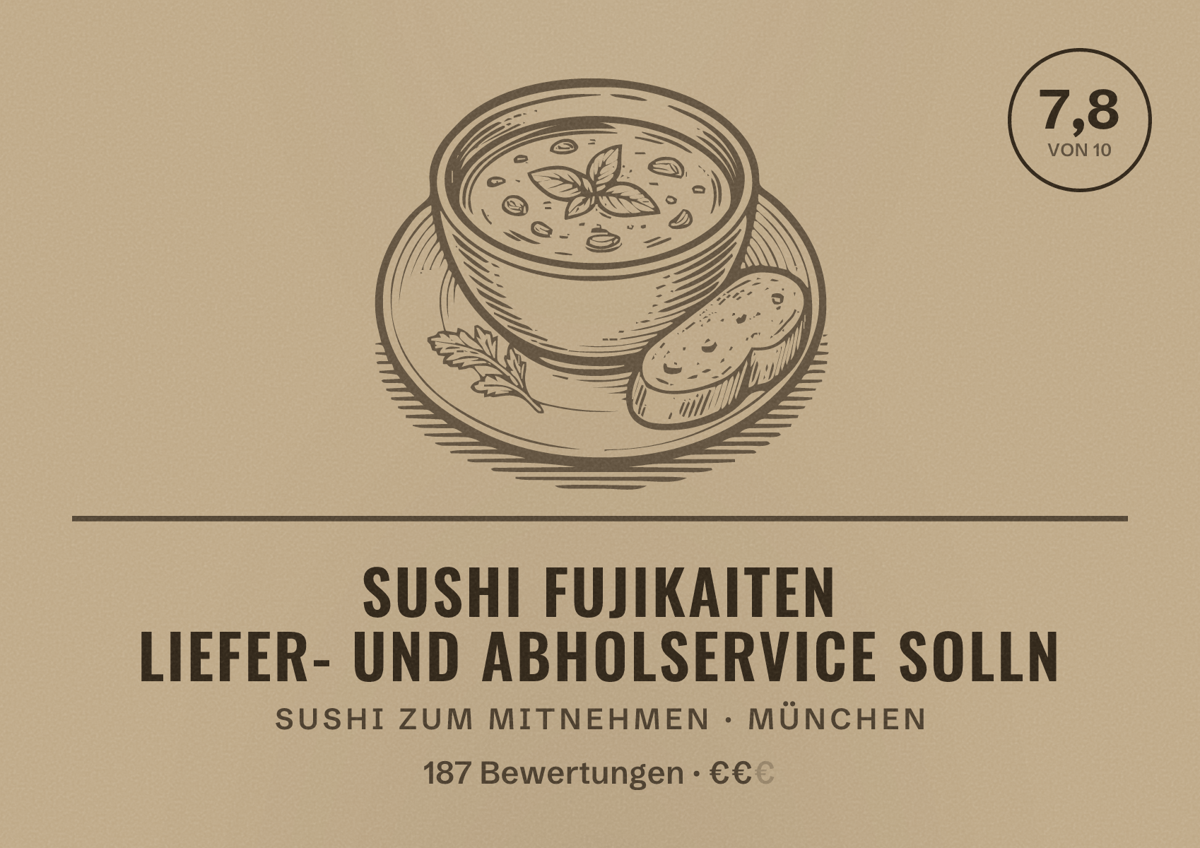 Illustriertes Poster von Sushi Fujikaiten Liefer- und Abholservice Solln, Sushi zum Mitnehmen in München: Bewertung 7,8 von 10 aus 187 Bewertungen, Preisniveau €€