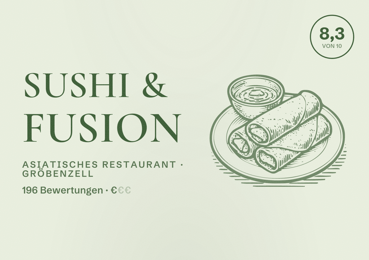 Illustriertes Poster von SUSHI & FUSION, Asiatisches Restaurant in Gröbenzell: Bewertung 8,3 von 10 aus 196 Bewertungen, Preisniveau €