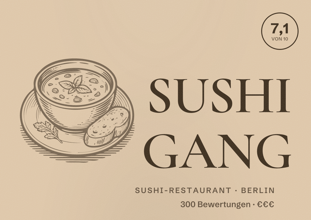 Illustriertes Poster von SUSHI GANG, Sushi-Restaurant in Berlin: Bewertung 7,1 von 10 aus 300 Bewertungen, Preisniveau €€€