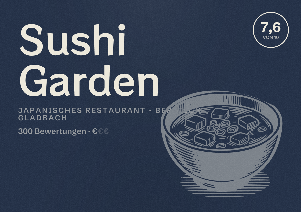 Illustriertes Poster von Sushi Garden, Japanisches Restaurant in Bergisch Gladbach: Bewertung 7,6 von 10 aus 300 Bewertungen, Preisniveau €
