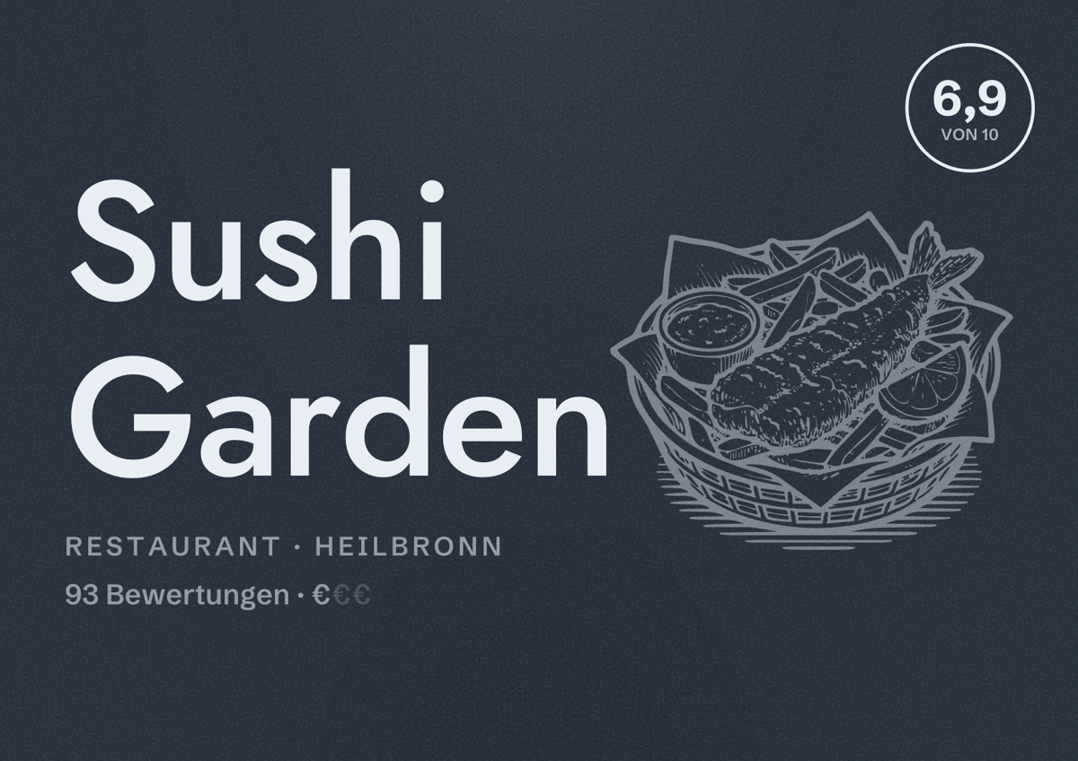 Illustriertes Poster von Sushi Garden, Restaurant in Heilbronn: Bewertung 6,9 von 10 aus 93 Bewertungen, Preisniveau €