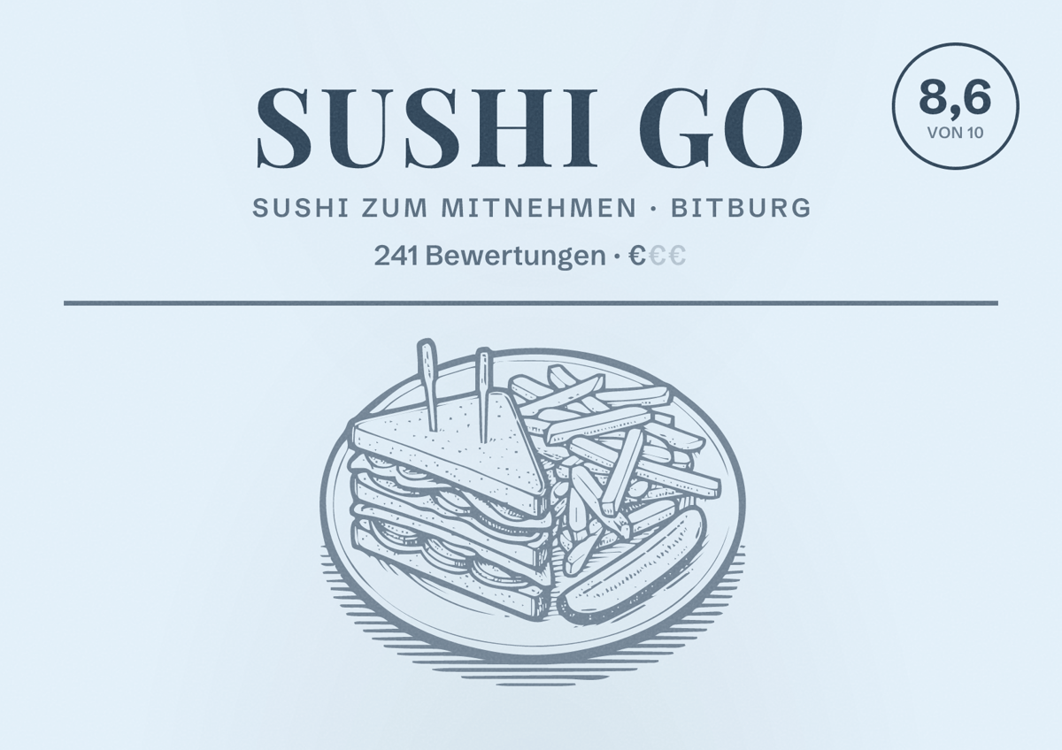 Illustriertes Poster von Sushi Go, Sushi zum Mitnehmen in Bitburg: Bewertung 8,6 von 10 aus 241 Bewertungen, Preisniveau €