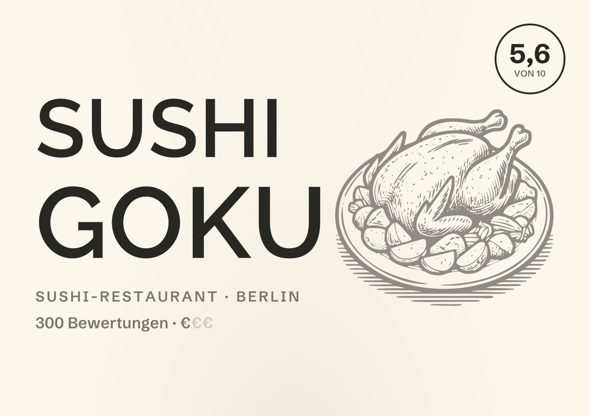 Illustriertes Poster von Sushi Goku, Sushi-Restaurant in Berlin: Bewertung 5,6 von 10 aus 300 Bewertungen, Preisniveau €