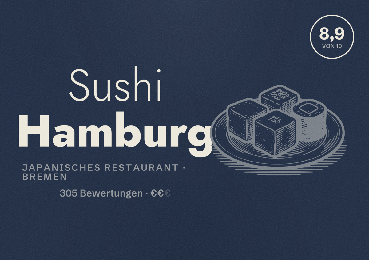 Illustriertes Poster von Sushi Hamburg, Japanisches Restaurant in Bremen: Bewertung 8,9 von 10 aus 305 Bewertungen, Preisniveau €€