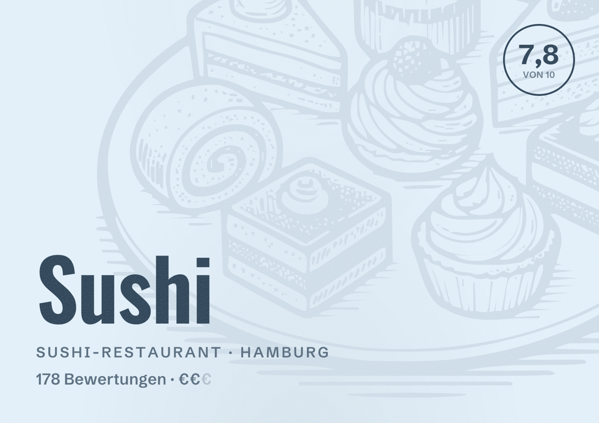 Illustriertes Poster von Sushi, Sushi-Restaurant in Hamburg: Bewertung 7,8 von 10 aus 178 Bewertungen, Preisniveau €€