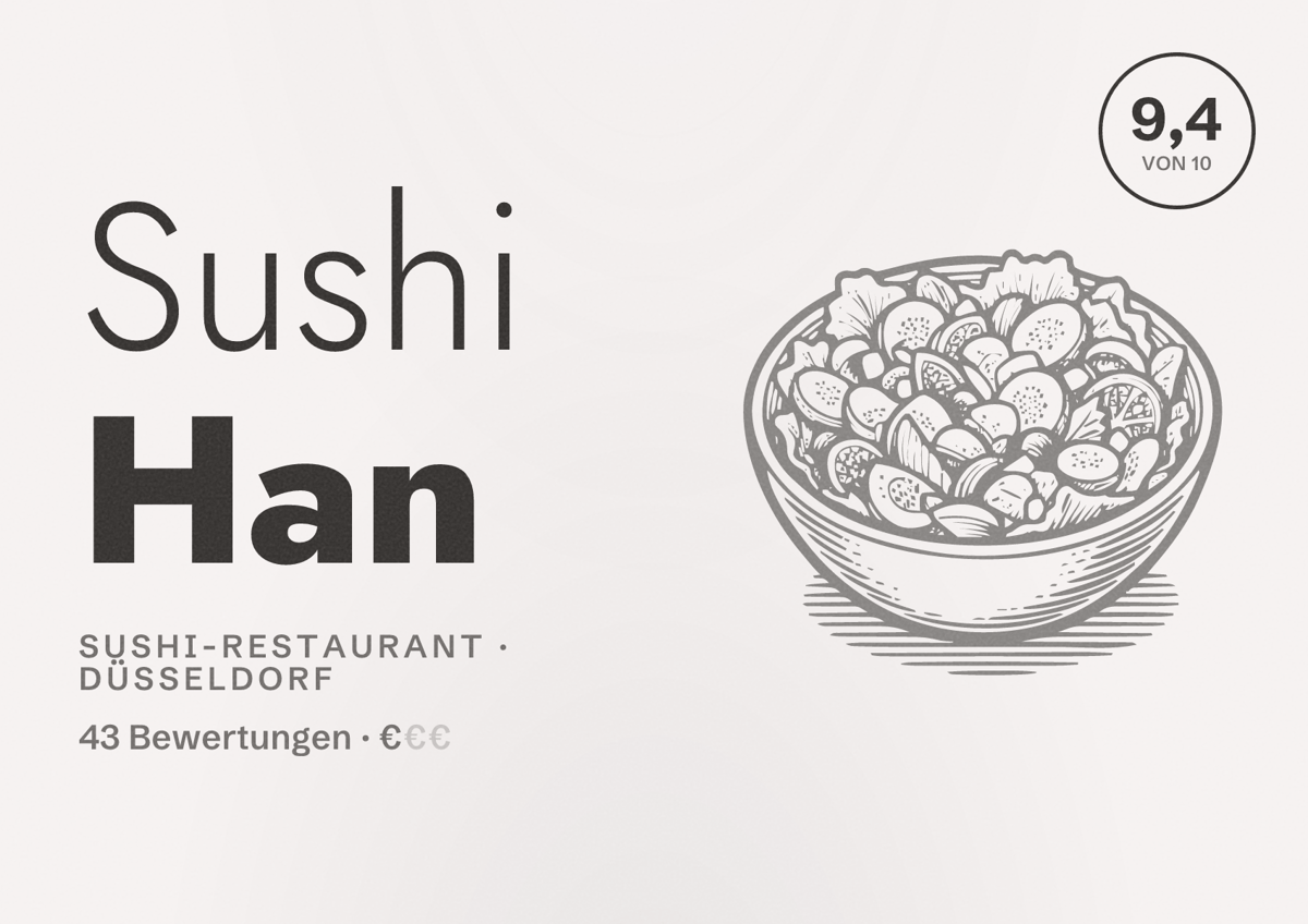 Illustriertes Poster von Sushi Han, Sushi-Restaurant in Düsseldorf: Bewertung 9,4 von 10 aus 43 Bewertungen, Preisniveau €